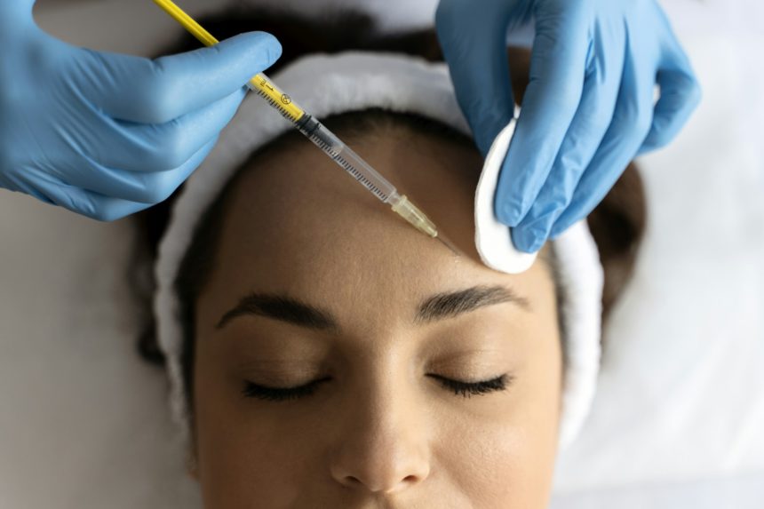 Young woman attending beautician, having anti-aging injection at her face